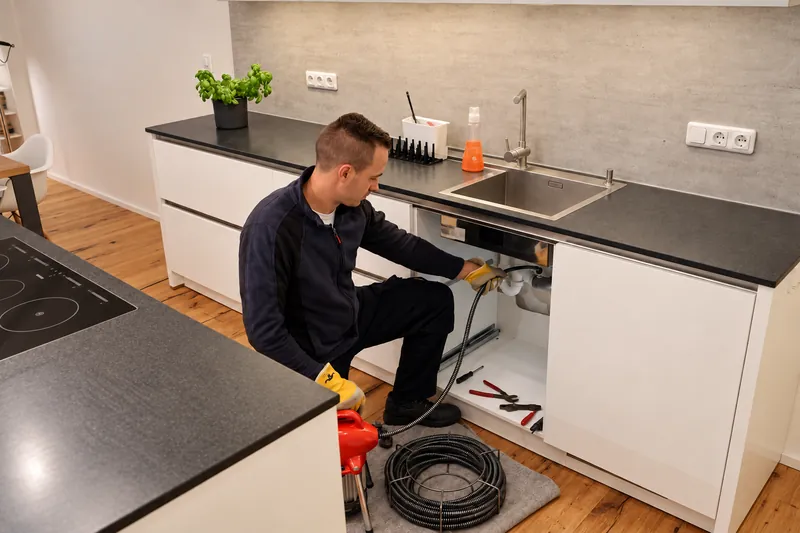 Rohrreinigung am Küchenabfluss mit Spiralmaschine